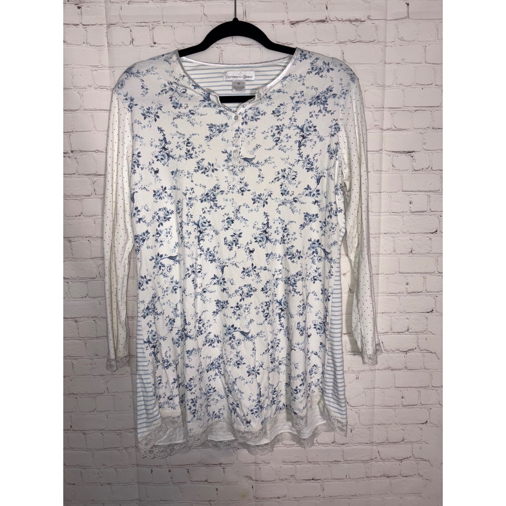 Carmen Von Glaser Blue Floral Pima Cotton Sleep Shirt Nightgown Medium
